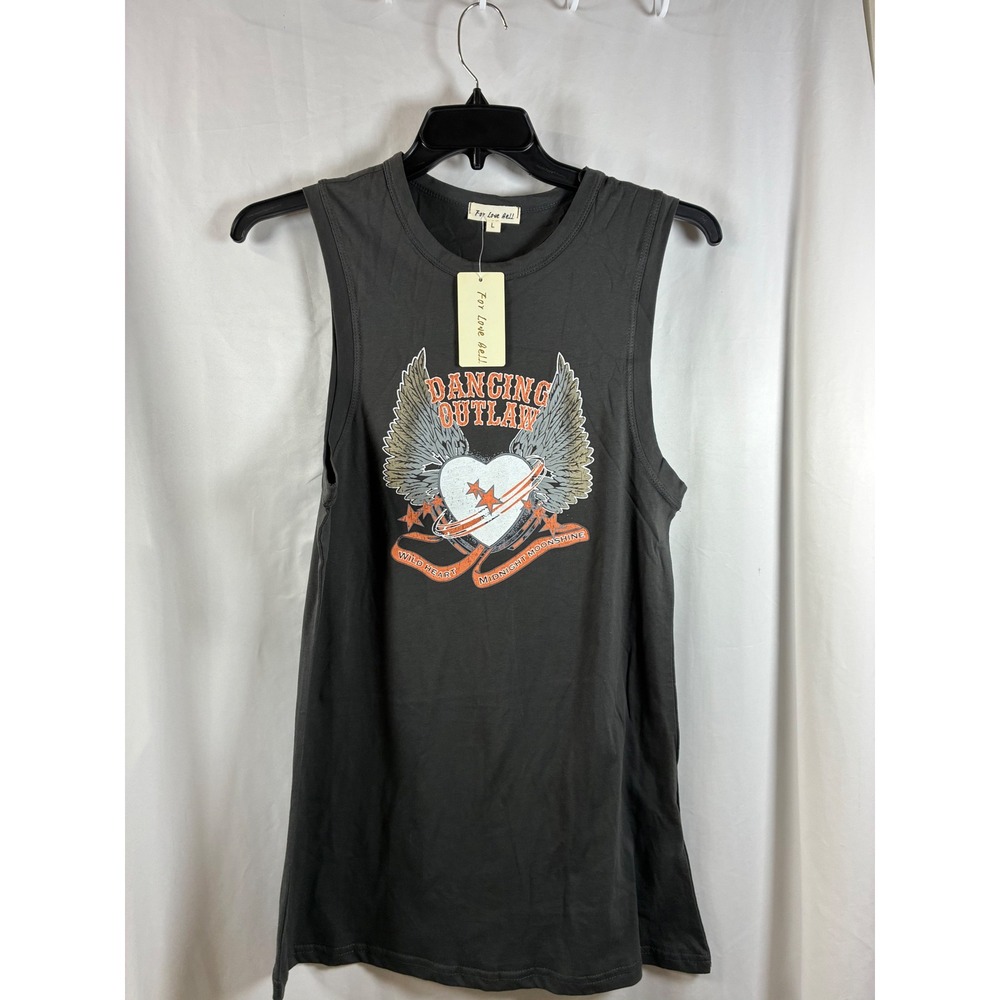 For Love Bell Dancing Outlaw Graphic Muscle Tank Top Grey Womens Large NWT